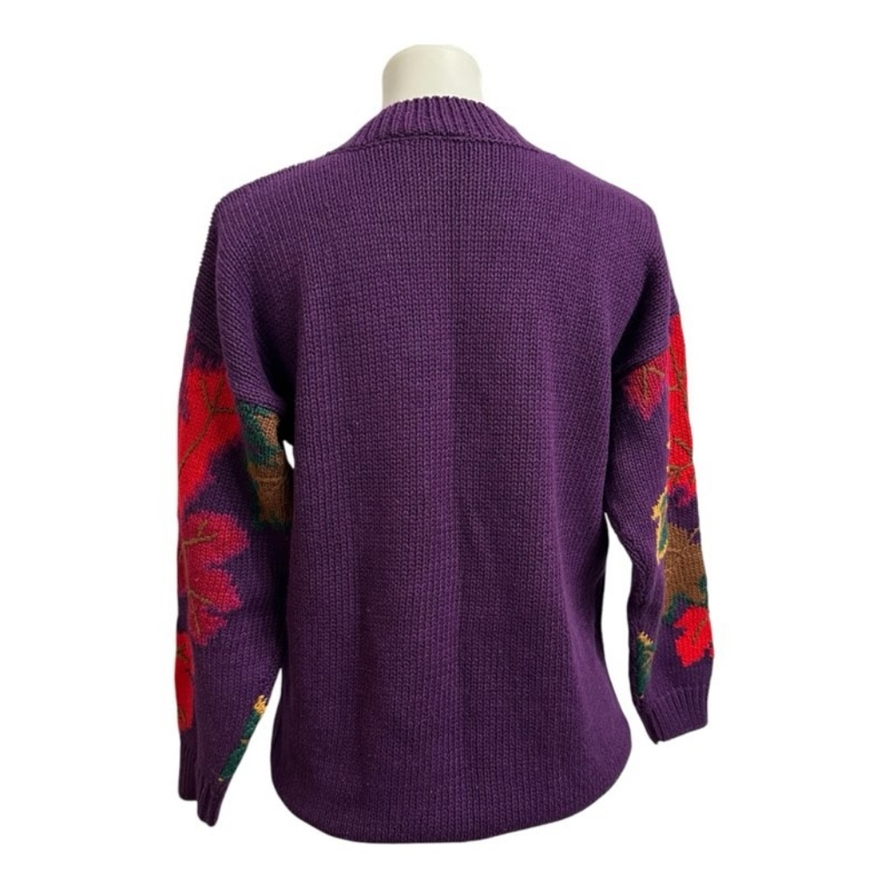 Vintage Women's Chunky Knit Sweater Purple Leaves Fall Sweater Size 8 Me… - Picture 3 of 15
